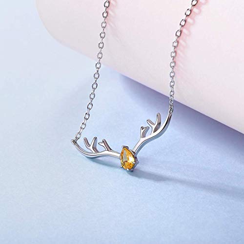 Silvercute Simulated Topaz Pendant Sterling Silver Pear Cut November Birthstone Inlaid Hunting Antler Dear Necklace For Women Girls 16-18" #TOP2