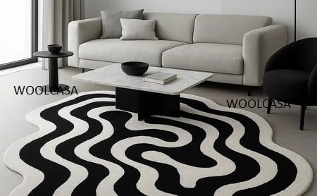 Image of Hand Tufted Wool Rug 6x8 Ft - Modern Irregular Shape Aesthetic Carpet, 1 Inch Thick Pile, Anti-Skid Backing, Soft Handmade Woolen Area Rug for Living Room, Bedroom, Hall Decor