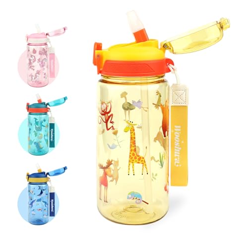 wooshwa Trinkflasche Kinder, Auslaufsicher Einhandöffnung, Wasserflasche mit Strohhalm für Kindergarten Schule und Sport, Tragegriff BPA-frei Spülmaschinenfest 600ml, Tiere