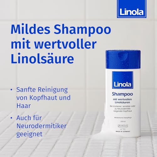 Linola Shampoo, 1 x 200 ml - Pflegeshampoo für trockene, empfindliche oder zu Neurodermitis neigende Kopfhaut - silikonfrei, ohne Farb-, Duft- und Konservierungsstoffe