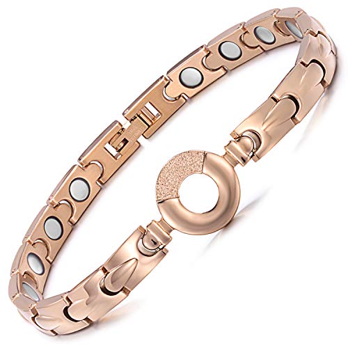 Rainso Womens Elegant Titanium Steel Health Magnetic Therapy Bracelets Pain Relief for Arthritis Adjustable (Rose Gold)