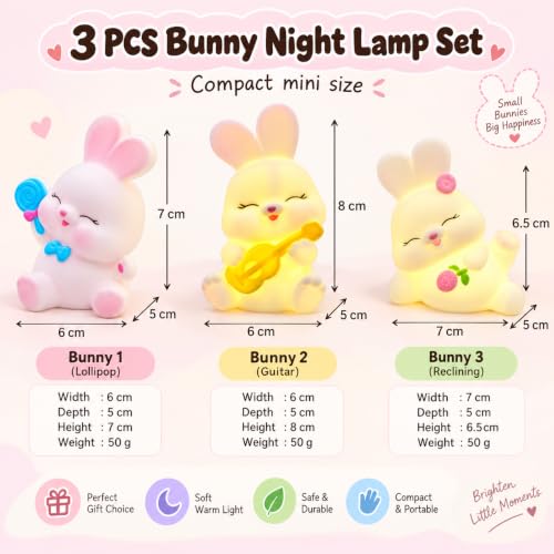 Image of Cute Bunny Night Light Lamp Battery Operated Table and Desk Decorations Gift Pandas (Bunny 3 pcs Set)