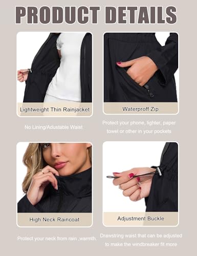 Avoogue Women's Long Raincoat with Hood Outdoor Lightweight Windbreaker Rain Jacket Waterproof4