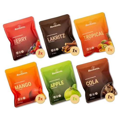 Rockets Probierset zuckerarme Fruchtgummis vegan bis zu 90% weniger Zucker ballaststoffreich ohne Industriezucker & Zuckerersatzstoffe low carb & halal Made in Germany