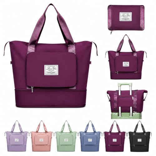 Image of JD Fresh 41 Liter Foldable Travel Bags for Women /Nylon Duffle Bags /Expandable Vanity Travelling Luggage Handbags /Waterproof & Lightweight Shopping Bag for Personal Items (Dark Purple)