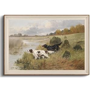 KISSFOX Vintage Framed Wall Art Dogs In Field Canvas Wall Art Nature Country Farmhouse Landscape Art Prints Artwork For Living Room Bedroom Bathroom Kitchen 24x36inch