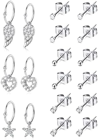 12 Pairs Stainless Steel Tiny Stud Earrings For Women CZ Ball Cartilage Earrings Set Feather Heart Huggie Hoop Earrings Tragus Cartilage Piercing Jewelry