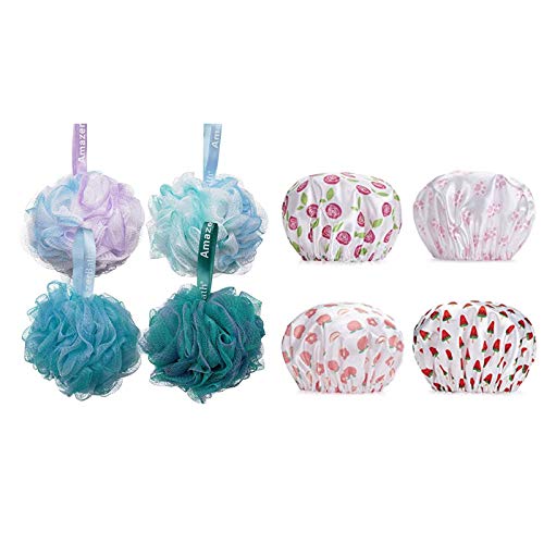 AmazerBath 4-Pack Printed Shower Caps and Shower Bath Sponge Shower Loofahs Balls 60g/PCS-Set of 4