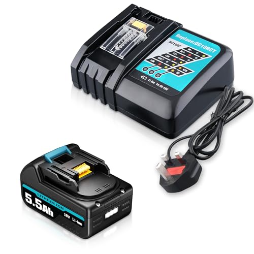 5.5Ah 18V BL1860B Battery Li-ion Replacement for Makita 18V Battery + DC18RC 14.4V-18V 3.0Ah Charger Compatible with Makita Battery BL1850 BL1860 BL1820 with LED Indicator