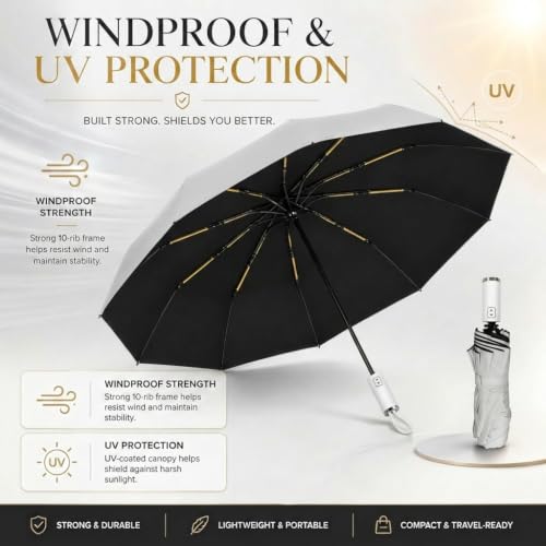 Image of STAR WORK UV Protection Travel Umbrella - Compact Folding Umbrella for Sun & Rain - Windproof, Waterproof, Auto Open /Close - Portable & Lightweight for Women & Men.