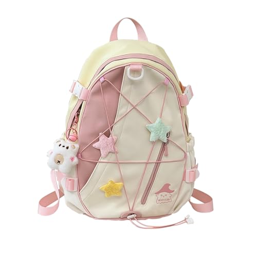 MYSNKU Kawaii Schoolbag Backpack with Cute Pendenat Star Y2K Aesthetic Cute Preppy Schoolbag for Girls (Pink & yellow)