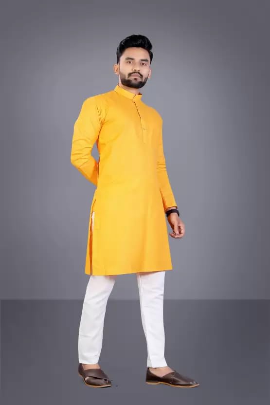 Image of weltpocket Men's Cotton Blend Solid Straight Kurta Pyjama
