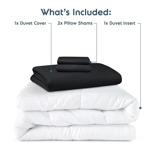 Nestl California King Duvet Cover Set with Comforter Insert - Black 4 Piece 104x98 Duvet Cover & 2 Pillow Shams with White Quilted Down Alternative Comforter, Ultra Soft, All Season