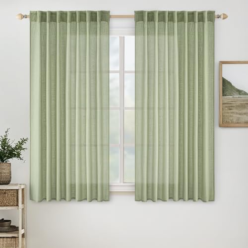 MIULEE Sage Green Linen Curtains 54 Inch Length 2 Panels for Bedroom Living Room, Soft Thick Linen Textured Short Window Drapes Semi Sheer Light Filtering Back Tab Rod Pocket Burlap Look Decor