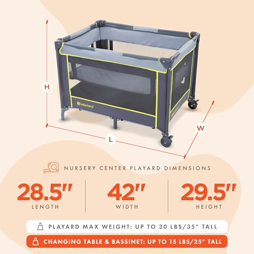 Image of Baby Trend Nursery Center, Portable Playard with Bassinet, Floorboard, and Carrying Bag - Foldable and Convertible Travel Play Crib for Babies and Toddlers, Twinkle Lime