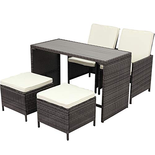 Image of Wisteria Lane 5 Pcs Patio Furniture Dining Set Outdoor All-Weather Square Wicker Dining Table and Chairs with Ottoman Cushioned Stool,Grey Wicker