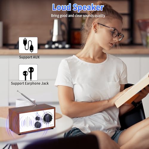 Image of Vintage Wood AM FM Bluetooth Speaker Radio Plug in Wall, Elegant and Retro Design, Old Fashion Radio Bluetooth Speaker with Aux in, Headphone Jack for Home, Office, Kitchen, Gift
