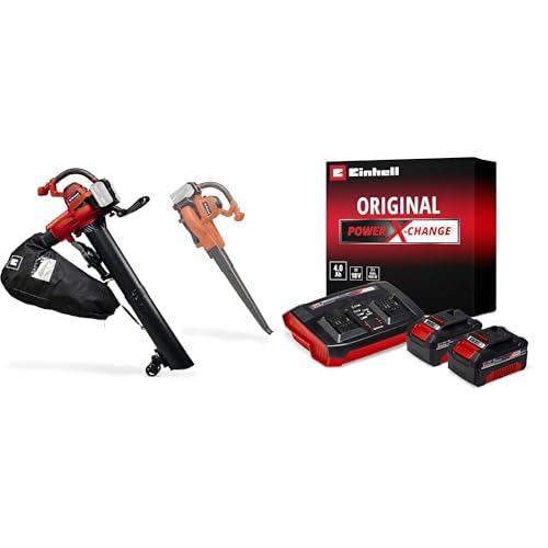 Einhell Soplador de Hojas con Batería GE-CL 36/230 Li E-Solo Power X-Change Iones de Litio, 18 V, 225 m³/h, Bolsa de 45 L + Einhell Starter Kit 2 x 4 Ah Battery and Twincharger 18 V