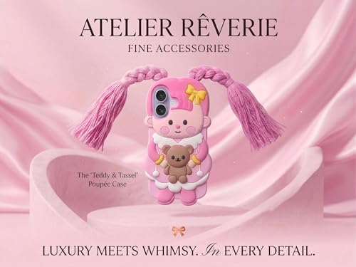 Image of amazon basics Cute 3D Pink Doll Silicone Mobile Case for iPhone 17 - Aesthetic Cartoon Girl with Braided Tassels & Teddy Bear, Soft Shockproof Protective Back Cover for Girls & Kids