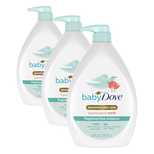 Image of Baby Dove Sensitive Skin Care Baby Wash Fragrance Free Moisture For Baby Bath Time Fragrance Free and Hypoallergenic, Washes Away Bacteria 34 oz (Pack of 3)