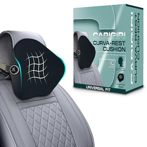 Image of Carigiri CurvaRest Car Neck Rest Pillow|1 Year Warranty|Memory Foam Neck Pillow| Seat Headrest Cushion| Car Neck Pillow for Neck Pain Relief in Office,Driving(Medium,Black,White Hemming,Pack of 1)