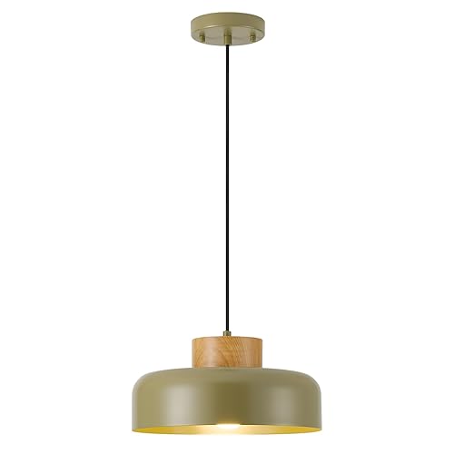 Mid-Century Modern Pendant Light,12.6" Natural Wood & Olive Green Metal