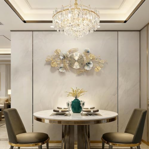 Horloge murale ginkgo design moderne doré pour grand salon chic