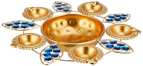 Image of Amazon Brand - Solimo Diya Shape Iron Flower Decorative Urli for Home | Handcrafted | Golden | Blue Stone