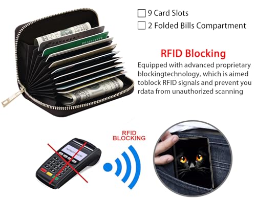 Credit Card Holder Wallets for Women, RFID Blocking Small Leather Card Case Wallet with Zipper Accordion Wallets, Cute Black Cat Face4
