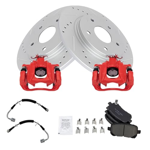 Image of TRQ Performance Rear Brake Pad and Rotor Set Ceramic Coated Drilled Slotted Calipers Compatible with 2011-2012 Chrysler Town and Country Grand Caravan Volkswagen Routan 2012 Ram Cargo Van