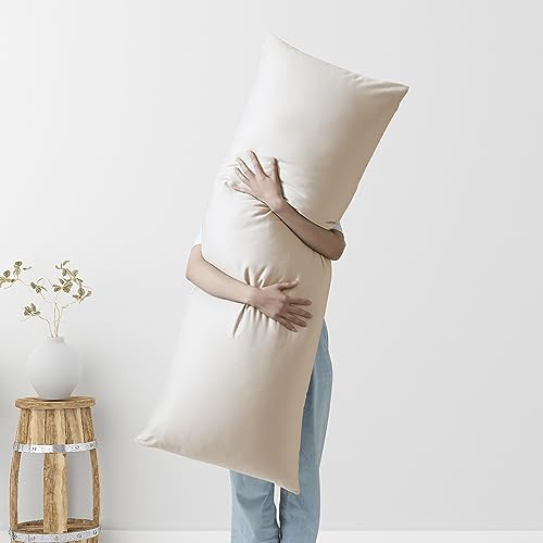 Image of 100% Egyptian Cotton Body Pillow Cover Long Pillow Case, 600 Thread Count Bed Pillow Protector with Zipper, Sateen Weave Cooling Full Body Pillowcase for Adults 20x54 Inches (1PC, Body, Light Beige)