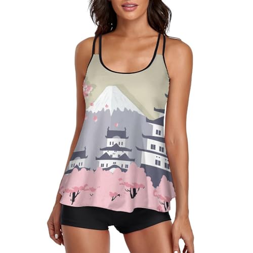 Tankini château japonais masquant le ventre avec shorty de bain et robe de plage
