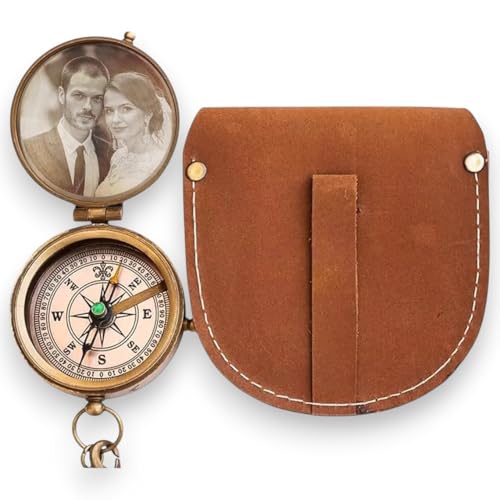 Brújula Personalizada de Bolsillo de Latón Grabada con Foto para Hombre con Estuche de Cuero y Caja de Madera – Regalo para Esposo, Papá, Hijo o Novio miniatura 5