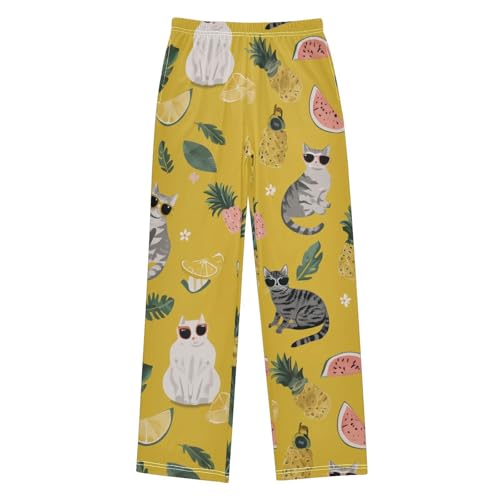 Tropical Cat Pineapple Boys Long Pants Soft Trousers Elastic Waist Kids Lounge Bottoms with Pockets S-XL