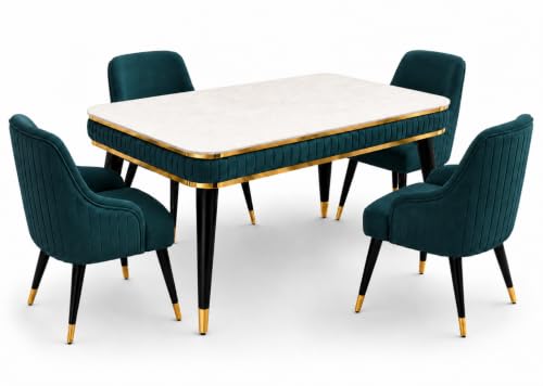 Image of WOODEN SPACE 4 Seater Wooden Dining Table Set | Urban Marble Top Dining Table with Chairs for Dining Room & Kitchen (Modern Zyro Sea Blue) (54 x 36 x 30 inch)