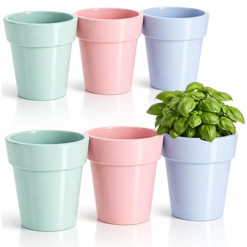 com-four® 6 macetas de plástico Ø 12 x 12 cm – tiestos en Colores Pastel Modernos – maceteros para Hierbas para Interior, balcón y jardín (Maceta - Azul/Verde/Rosa)