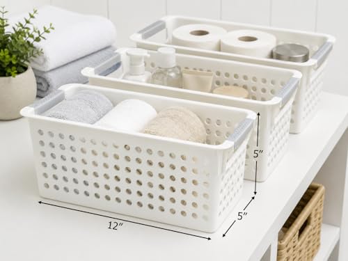 Image of Basicwise Set of 3 White Rectangular Plastic Storage Basket with Easy-Grip Handles Ventilated Organizer Bin for Bathroom Pantry Closet Laundry Kitchen Shelf Countertop & Home Organization Essentials