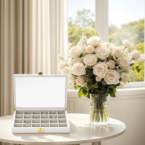 Leather 24Grids Jewelry Organizer Box with Acrylic Lid Premium Large Jewelry Box Bracelet Bangle Watch Jewellry Display Case(White)