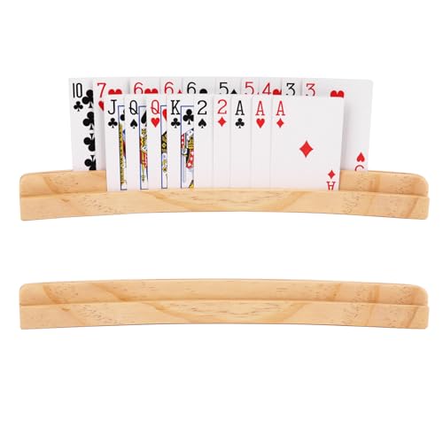 ZUFECY 2-Pack Wooden Card Holders 2-Layer Slots for 50+ Poker Cards Solid Pine Wood with Natural Finish for Family Game Nights Seniors and Card Game Lovers