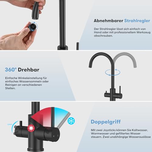 3 Wege Küchenarmatur Schwarz, DETBOM Wasserhahn Küche, Mischbatterie, 360° Drehbarkeit, Drei Wege Mischbatterie für Wasserfilter, Doppelhebel, 3 in 1 Spültischarmatur, Edelstahl Mattschwarz