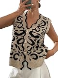 WDIRARA Women's Leopard Print Button Down Sweater Vest V Neck Sleeveless Cardigan Scallop Trim Knit Tops Multicolor Small