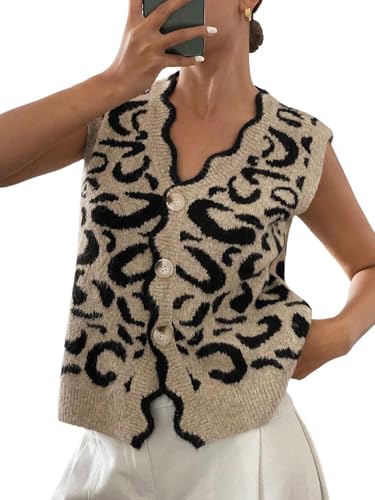 WDIRARA Women's Leopard Print Button Down Sweater Vest V Neck Sleeveless Cardigan Scallop Trim Knit Tops