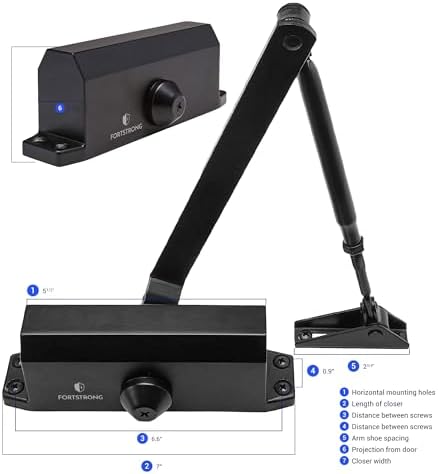 Door Closer Black FS-1306B Automatic Adjustable Mechanism Grade 3 Spring Hydraulic Auto Door-Closer with Easy Installation Life Size Fitting Template & Instructions