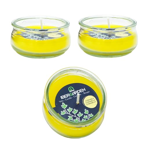 3 Velas de Citronela Antimosquitos en Tarro Bajo de Cristal Para Exterior | Velas Decorativas Aromáticas con Suave Olor a Limón | Vela Anti Mosquitos Para Jardín, Terraza, Camping y Picnic
