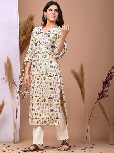 Image of Rimeline Women's Cotton Tribal Printed Kurta with V-Neck | Straight Fit Ethnic Kurti for Casual, Office