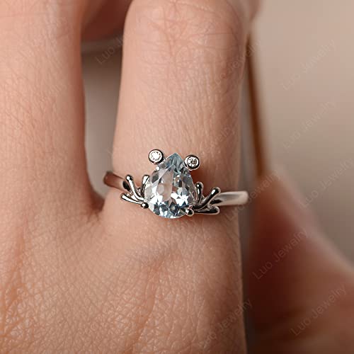 Luo S925 Sterling Silver Frog Ring Pear Cut 9X7 Mm Aquamarine Ring Statement Ring For Women Us Size 7 #TOP5