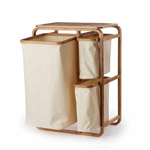 Cesto portabiancheria in bambù con 3 scomparti scorrevoli, struttura in legno resistente, cesto pieghevole per camera da letto e bagno, grigio e bianco