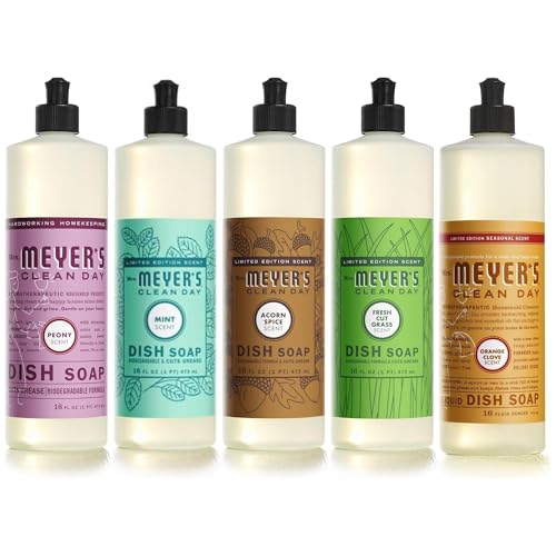 Image of Mrs. Meyer's Clean Day LIMITED EDITION Liquid Dish Soap, 16 fl oz, Variety Pack of 5 Scents - Peony, Mint, Acorn Spice, Fresh Cut Grass, Orange Clove