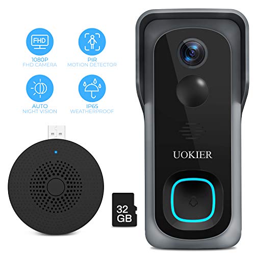 WiFi Video Doorbell Camera, Wireless Security Doorbell, 32GB Pre-Installed, Motion Detection, 1080P Wide Angle, Night Vision, Waterproof, 2-Way Audio, Cloud Storage (Optional), with Indoor Chime