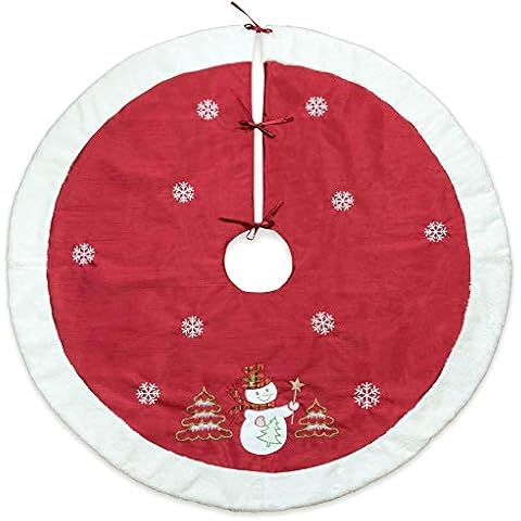 Homey Cozy 56 inch Large Christmas Tree Skirt, Snowflake Fur Edge Embroidered Snowman, red Cover